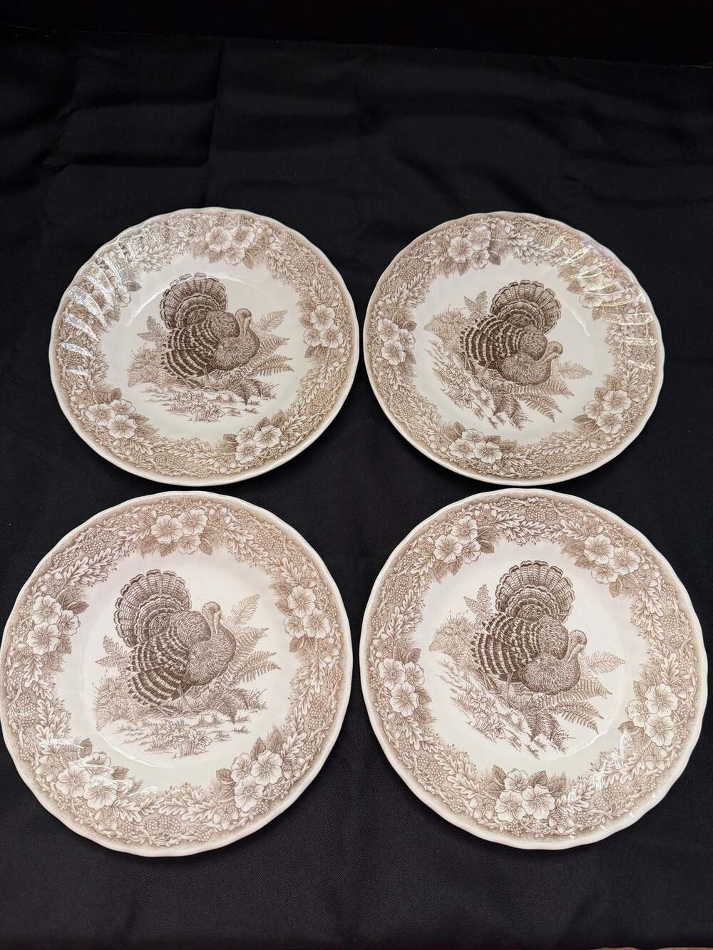 Vintage Queen's "Thanksgiving" Brown Turkey 8” Plates Set of 4 Rustic Farmhouse